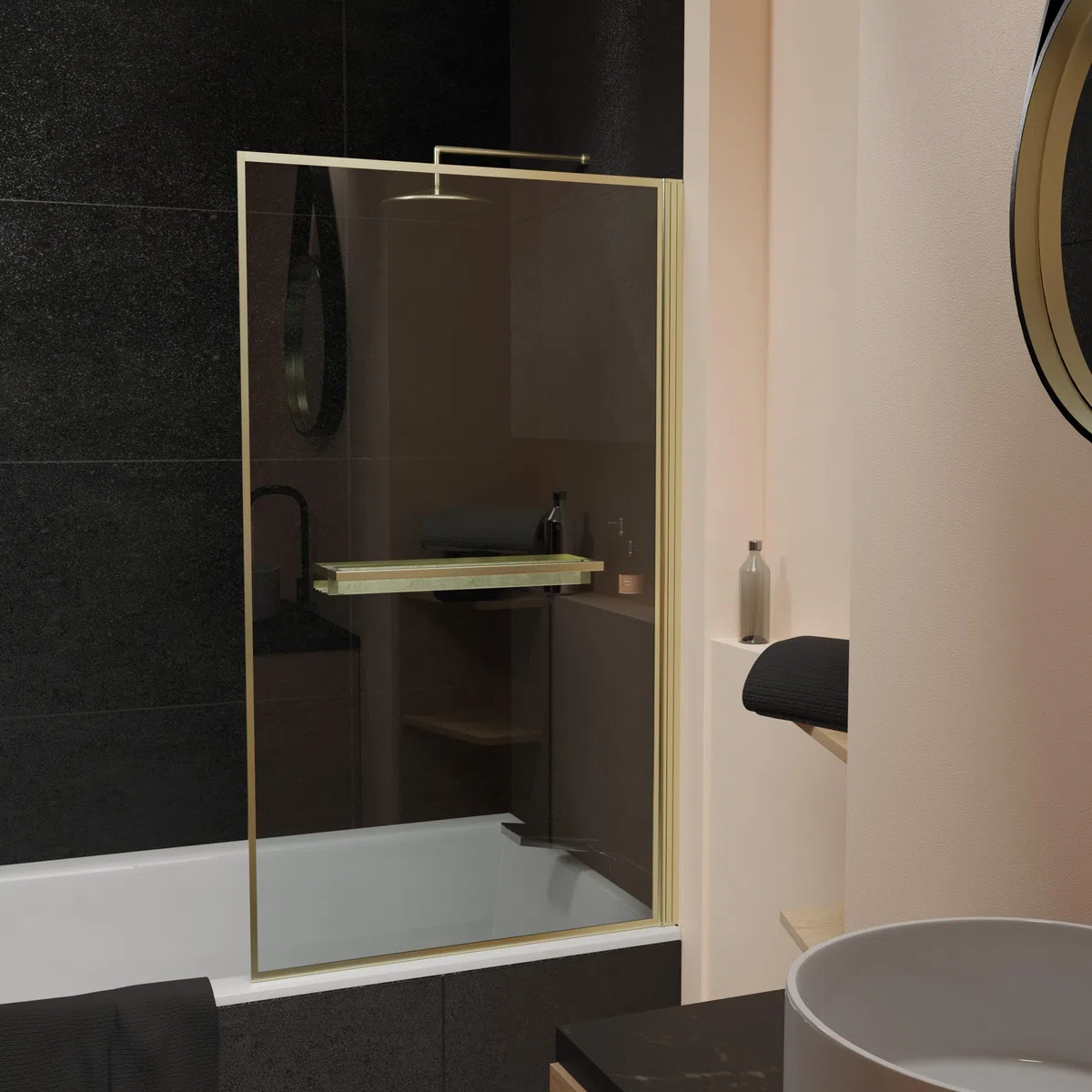 AURLANE Pare-Baignoire Rabattable 75x130cm en Verre trempé - Porte-Serviette et Etagère Or Doré Brossé